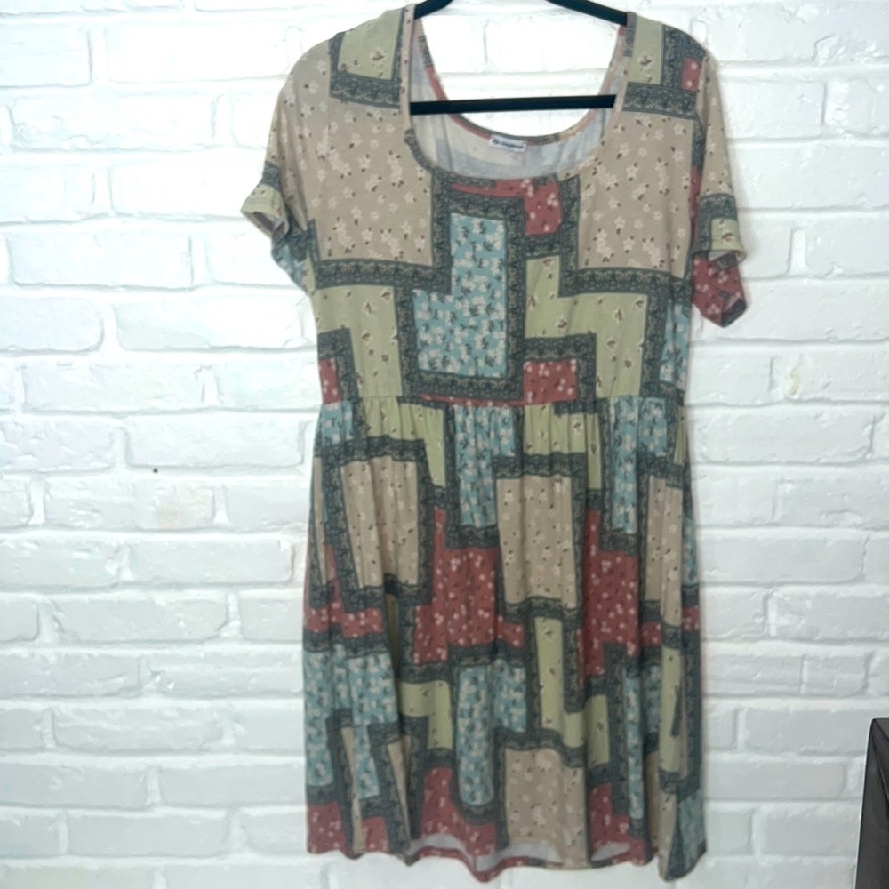 Plus Size 1X Patchwork Print Swing Dress Boho Casual Stretch Short Sleeve Tunic